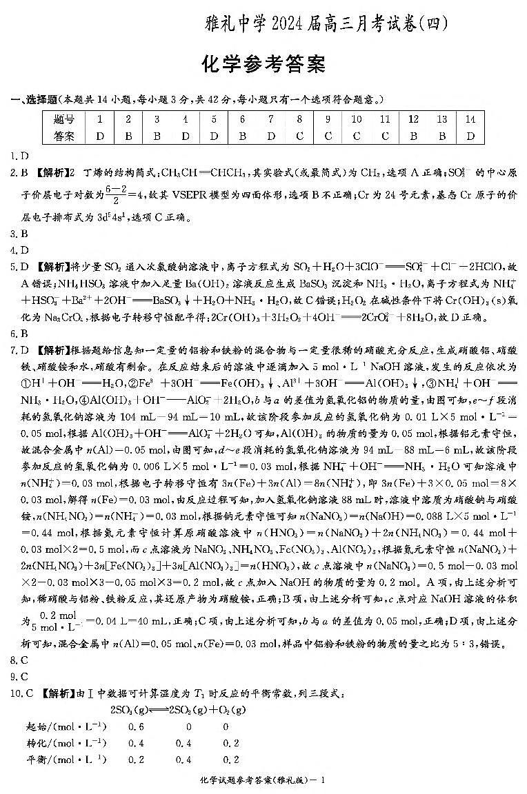 湖南省长沙市雅礼中学2023-2024学年高三上学期月考试卷（四）化学答案01