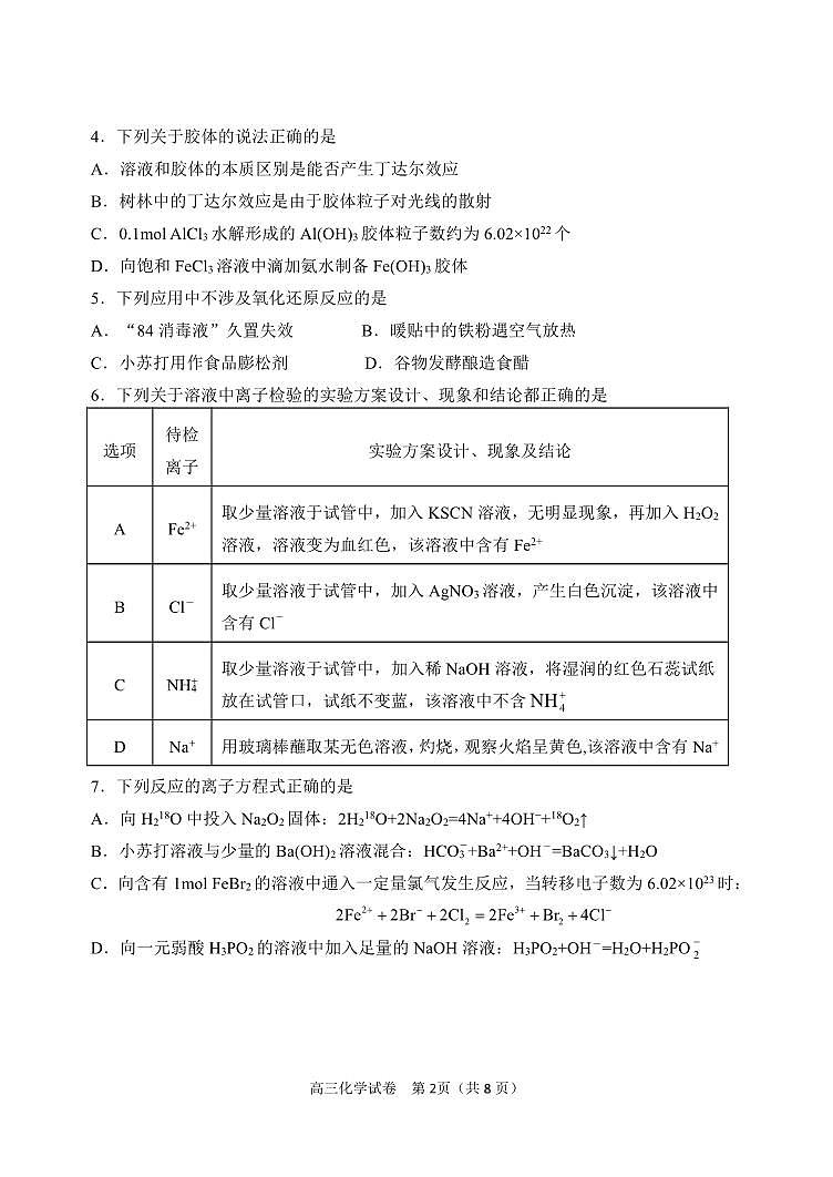 辽宁省丹东市2023-2024学年高三上学期11月阶段测试 化学第2页