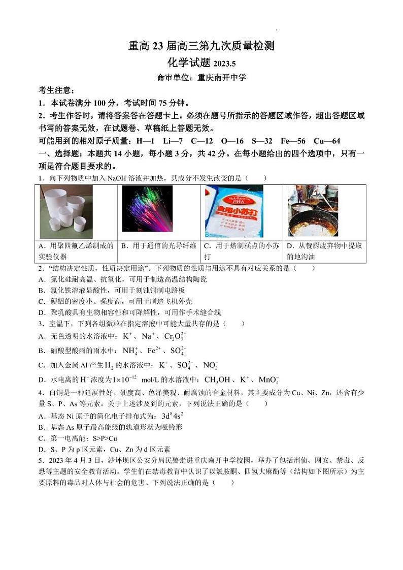 重庆市南开中学2023届高三下学期第九次质量检测 化学01