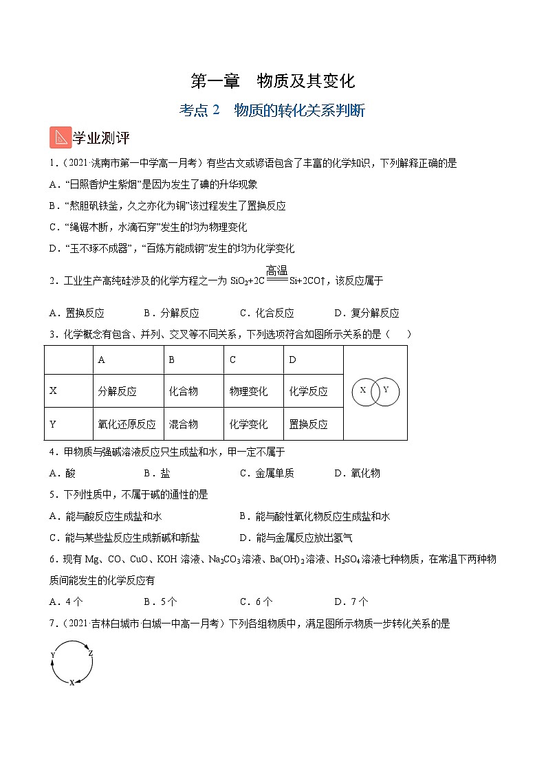 1.2 物质的转化关系判断（精练）-高一化学上学期《考点•题型•技巧》精讲与精练高分突破（人教版）（原卷版）第1页