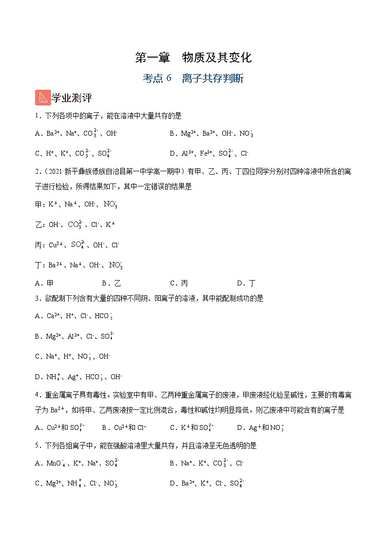1.6 离子共存判断（精练）-高一化学上学期《考点•题型•技巧》精讲与精练高分突破（人教版）（原卷版）第1页