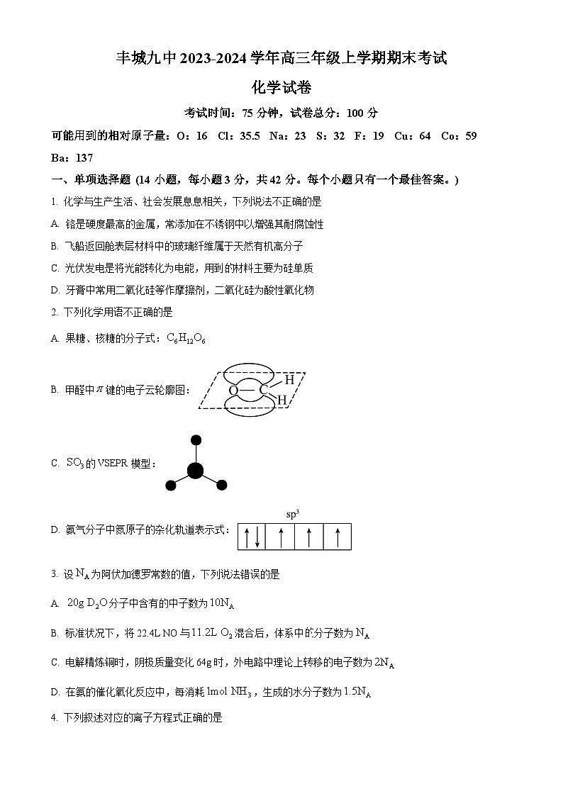 江西省宜春市丰城市第九中学2023-2024学年高三上学期期末考试化学试题（原卷版+解析版）01