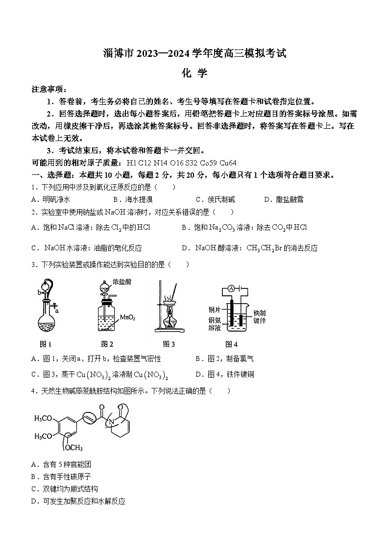 2024淄博高三下学期一模考试化学含答案01