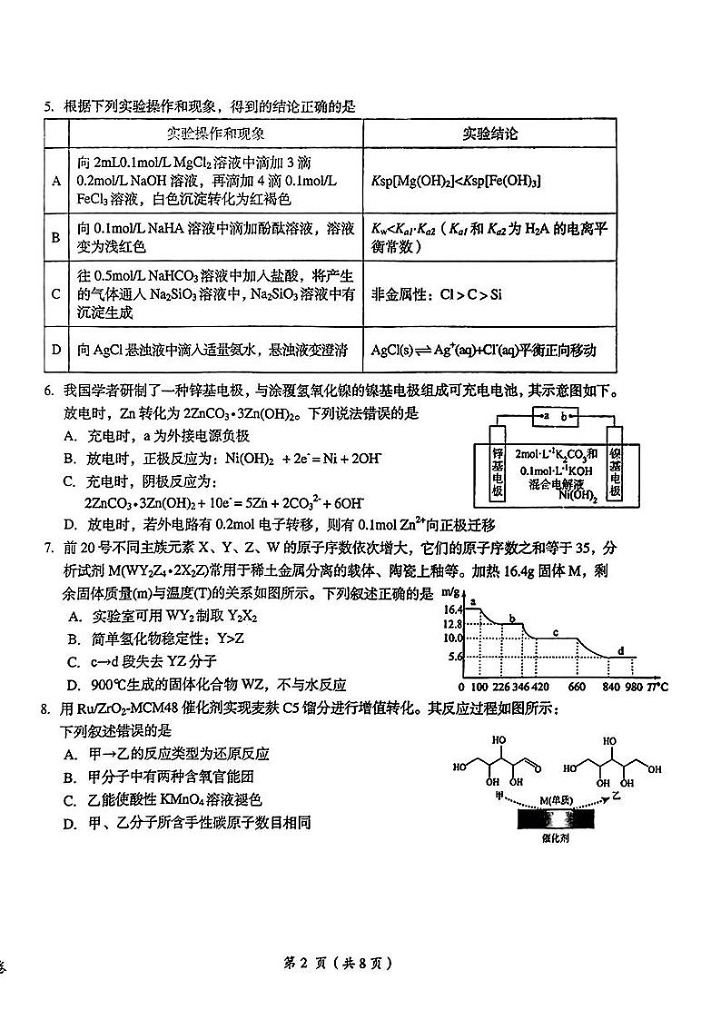 鹰潭市2024届高三第一次模拟考试-化学第2页