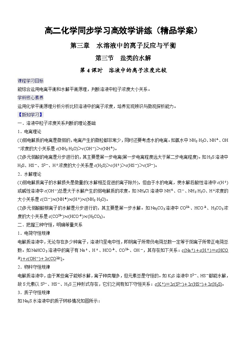 人教版2019选择性必修1高二化学同步学习高效学讲练 3.3.4 溶液中的离子浓度比较学案01