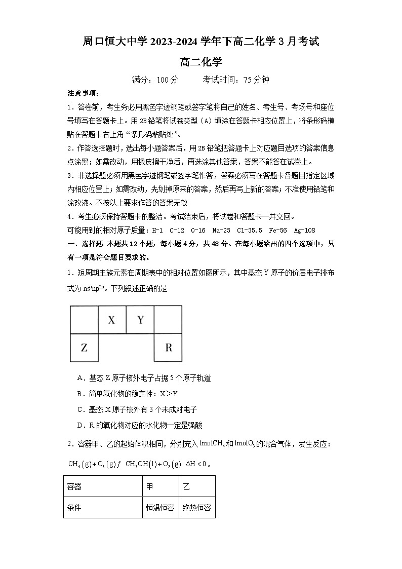 河南省周口恒大中学2023-2024学年高二下学期3月月考化学试题第1页