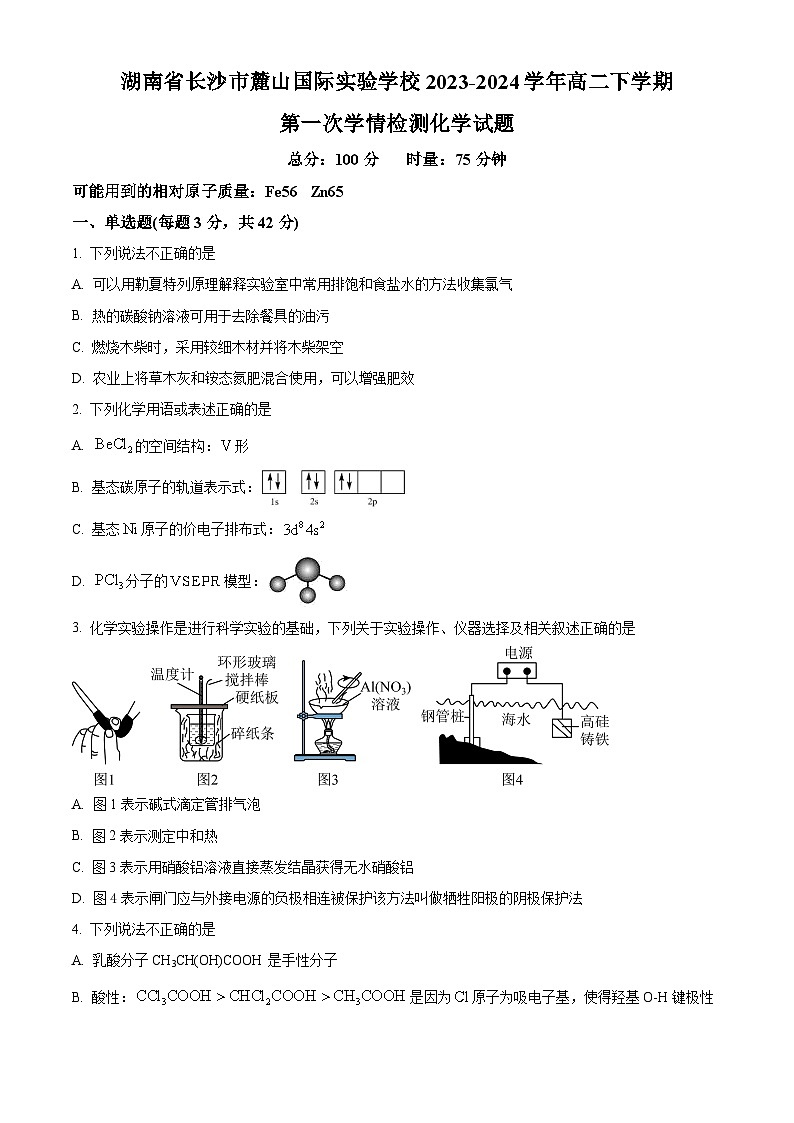 湖南省长沙麓山国际实验学校2023-2024学年高二下学期第一次学情检测化学试卷  Word版无答案第1页