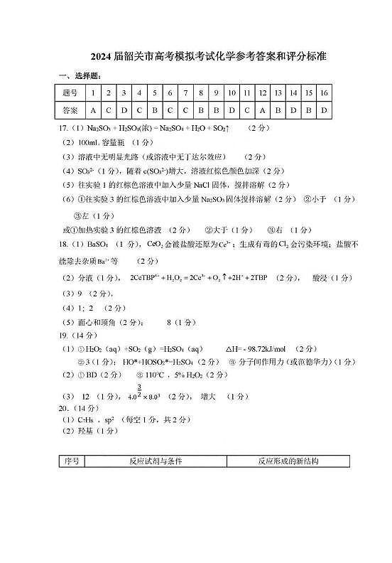 2024届广东省韶关市高三下学期二模化学试题及答案01