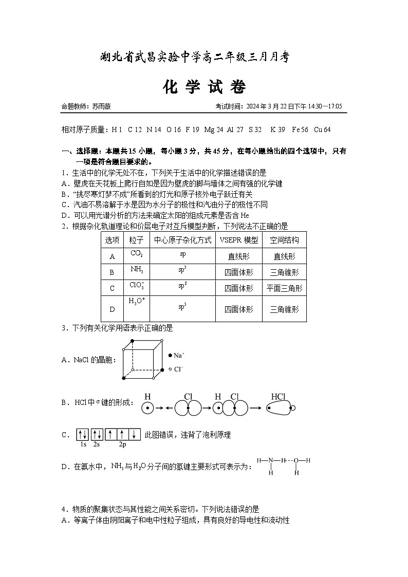 2024湖北省武昌实验中学高二下学期3月月月考试题化学含答案01