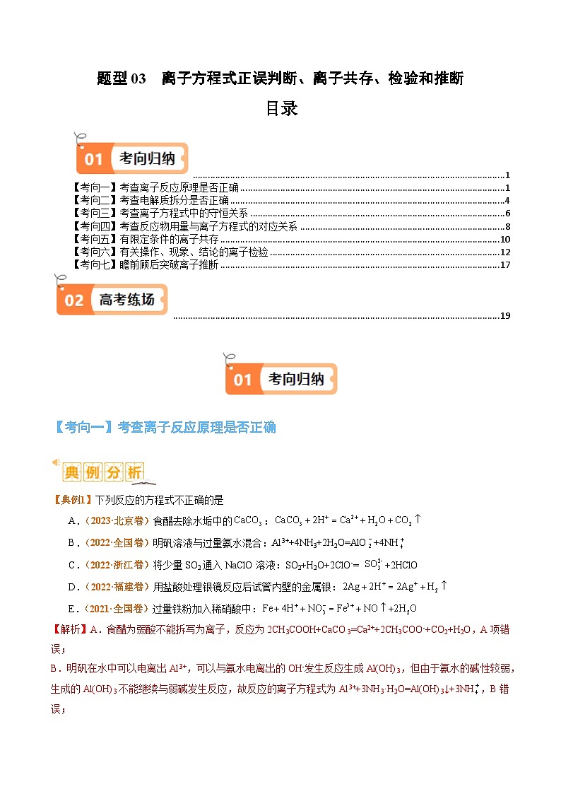 题型03离子方程式正误判断离子共存、检验和推断-2024年高考化学二轮题型归纳与变式演练（新高考）01
