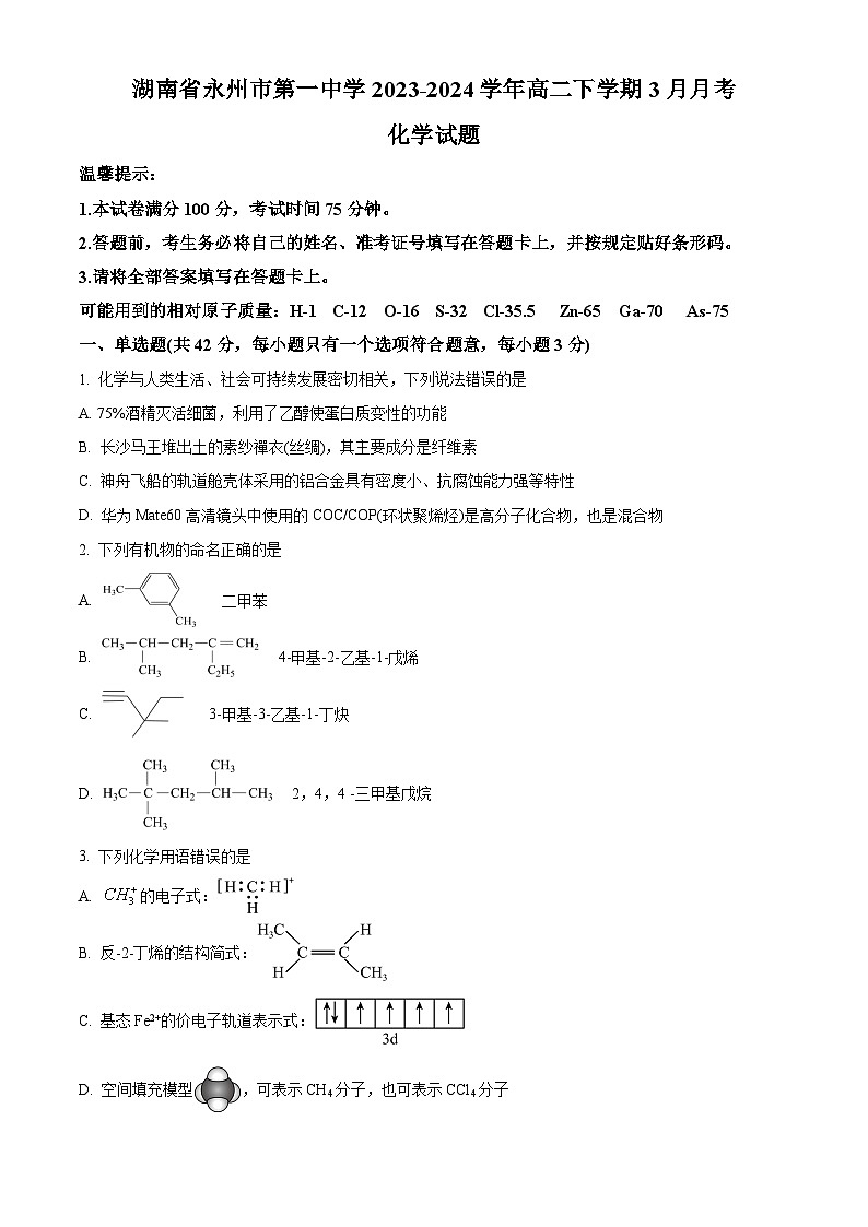 精品解析：湖南省永州市第一中学2023-2024学年高二下学期3月月考化学试题（原卷版）第1页