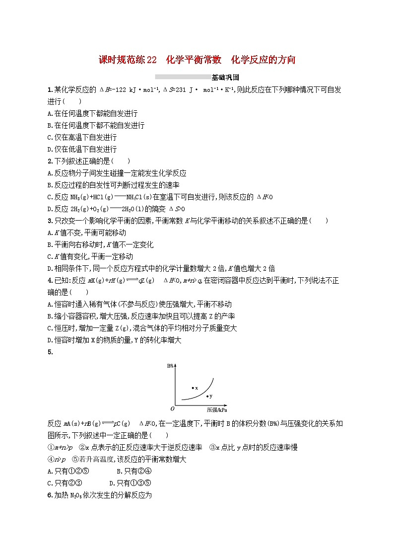 2025届高考化学一轮复习专项练习课时规范练22化学平衡常数化学反应的方向01