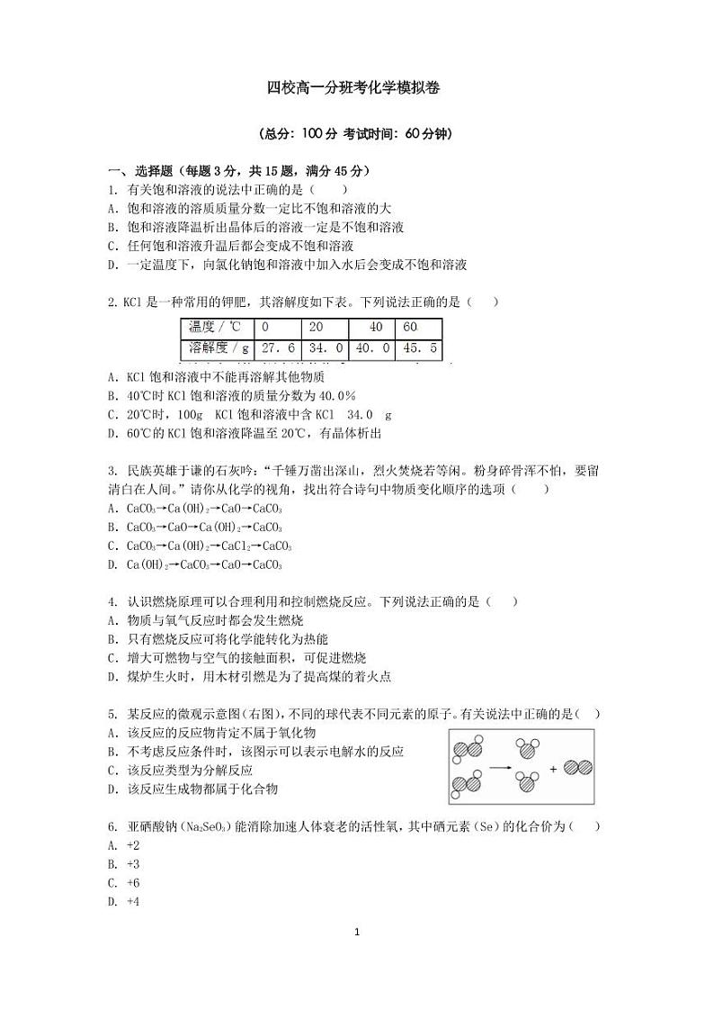 上海市2024年高一分班试卷【化学】模拟分班考-化学卷01