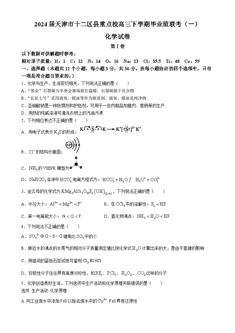 2024届天津市十二区县重点校高三下学期毕业班联考（一）（一模）化学试题（含答案）01