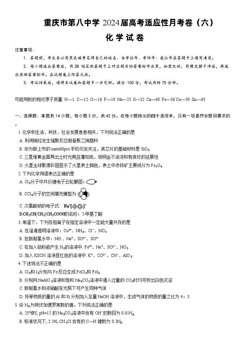 重庆市第八中学2024届高考适应性高三下学期月考卷（六）化学01