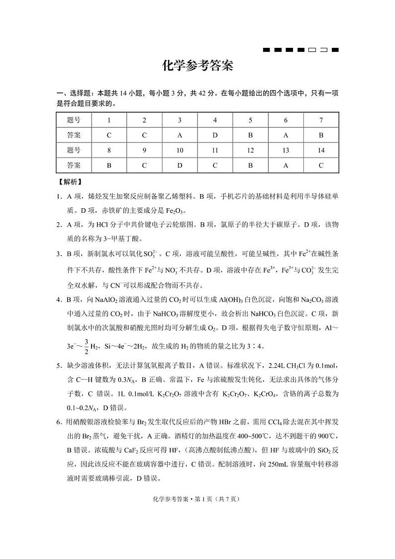 重庆市第八中学2024届高考适应性高三下学期月考卷（六）化学01