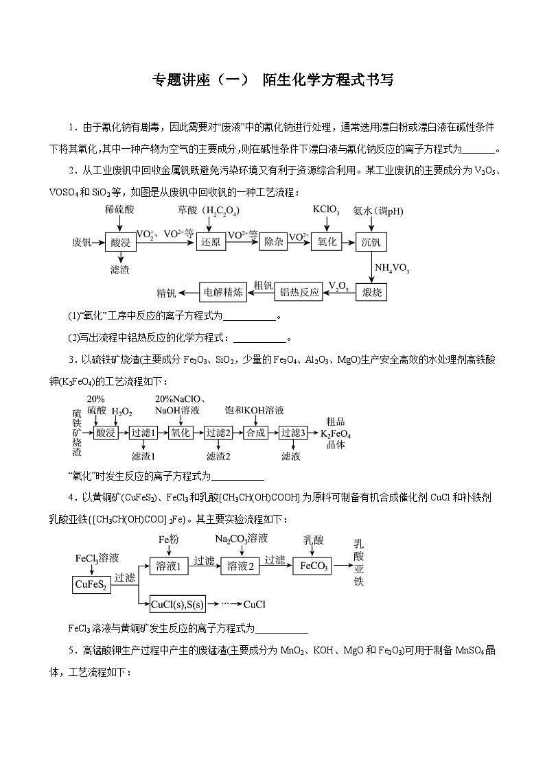 专题讲座（一） 陌生化学方程式书写（练）- 2024年高考化学大一轮复习【精讲精练+专题讲座】（原卷版）第1页