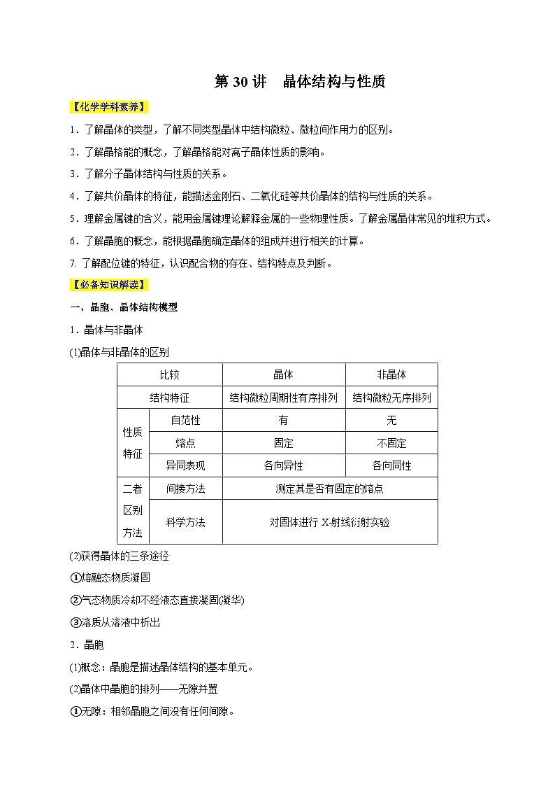 第30讲  晶体结构与性质（讲）- 2024年高考化学大一轮复习【精讲精练】（原卷版）第1页