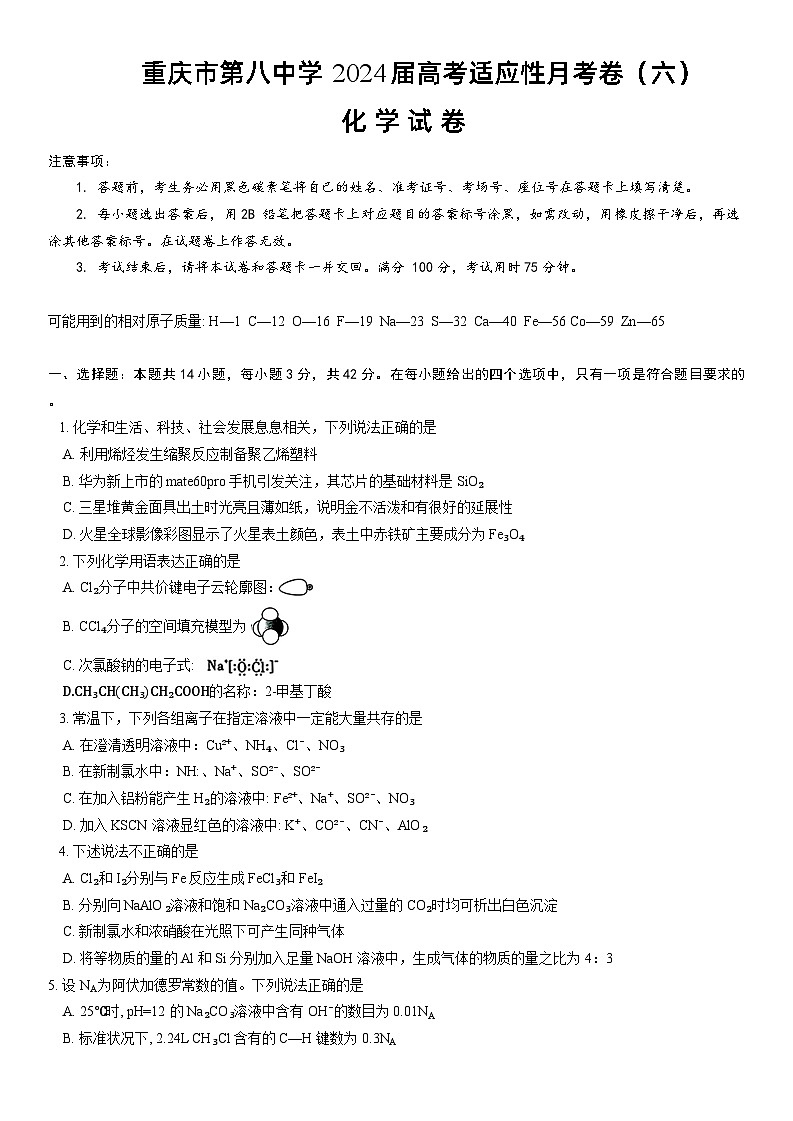 重庆市第八中学2023-2024学年高三下学期3月月考化学试题第1页