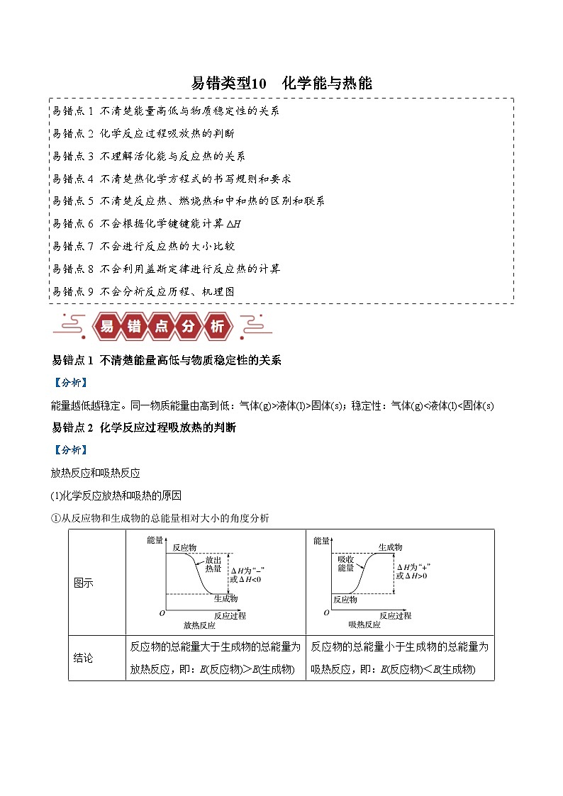 易错类型10 化学能与热能（9大易错点）-2024年高考化学考试易错题（全国通用）01