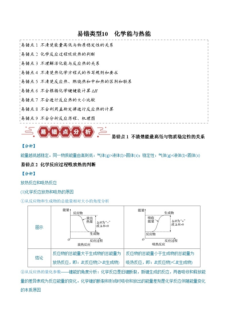 易错类型10 化学能与热能（9大易错点）-2024年高考化学考试易错题（全国通用）01