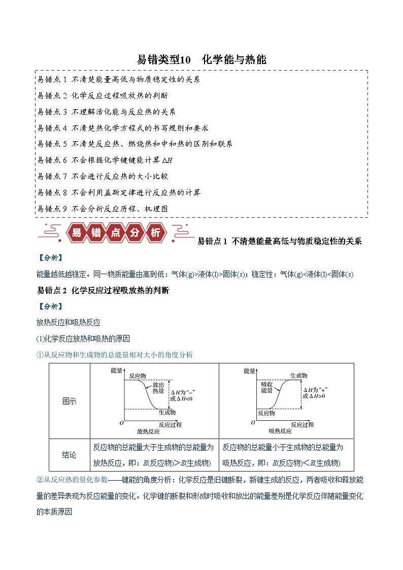 易错类型10 化学能与热能（9大易错点）-2024年高考化学考试易错题（全国通用）01