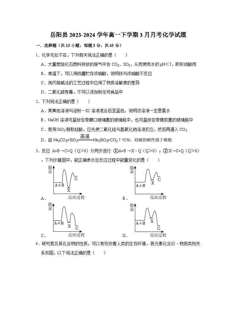 湖南省岳阳市岳阳县2023-2024学年高一下学期3月月考化学试题（含答案）第1页