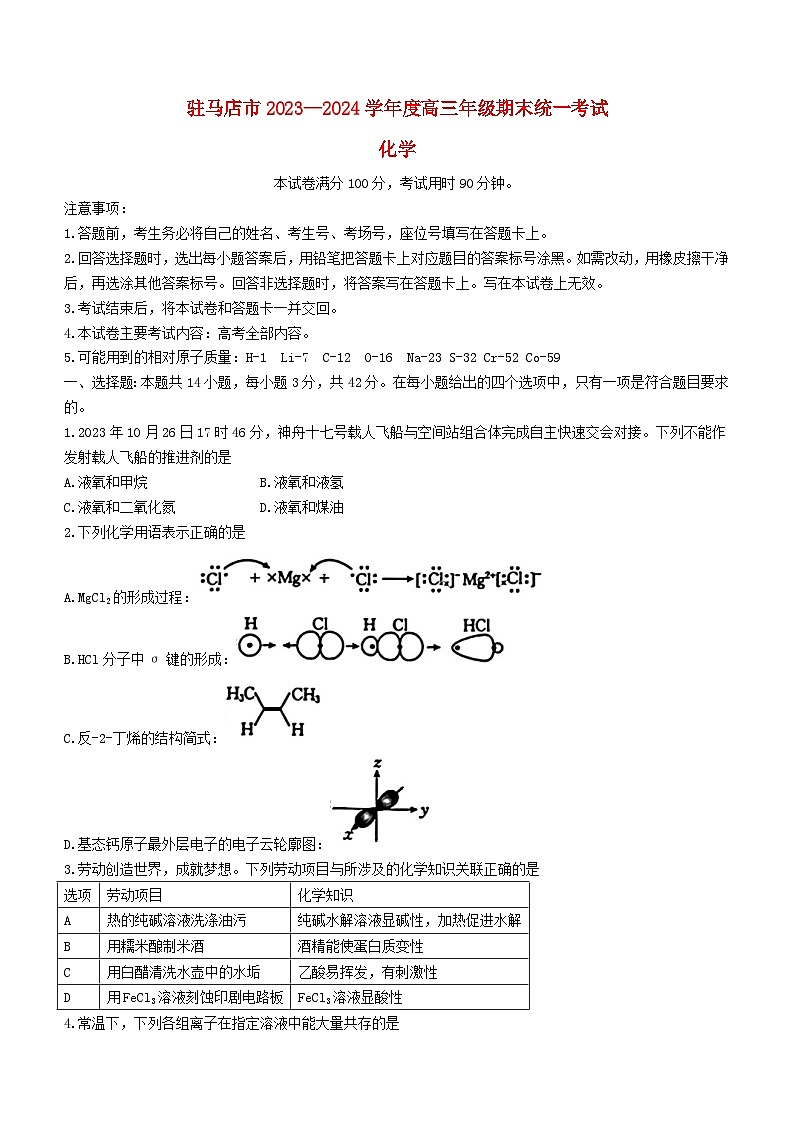 河南省驻马店市2024届高三化学上学期期末考试第1页