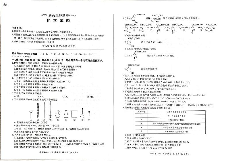 2024届潍坊高三下学期高考冲刺化学卷（一）第1页