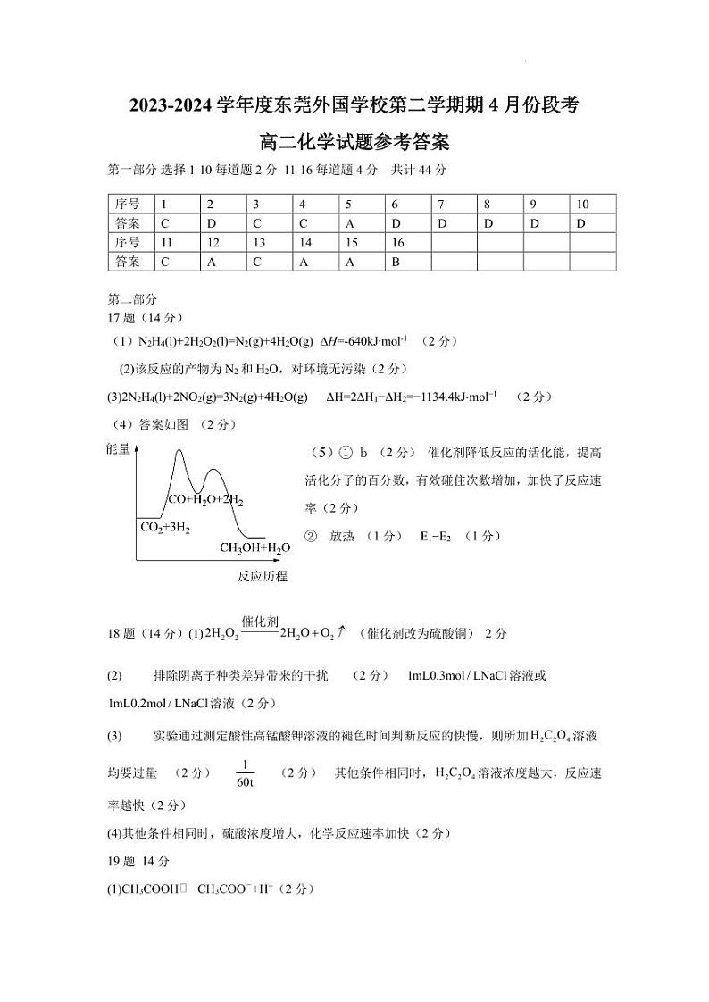 广东东莞市两校联考2024年高二化学答案第1页