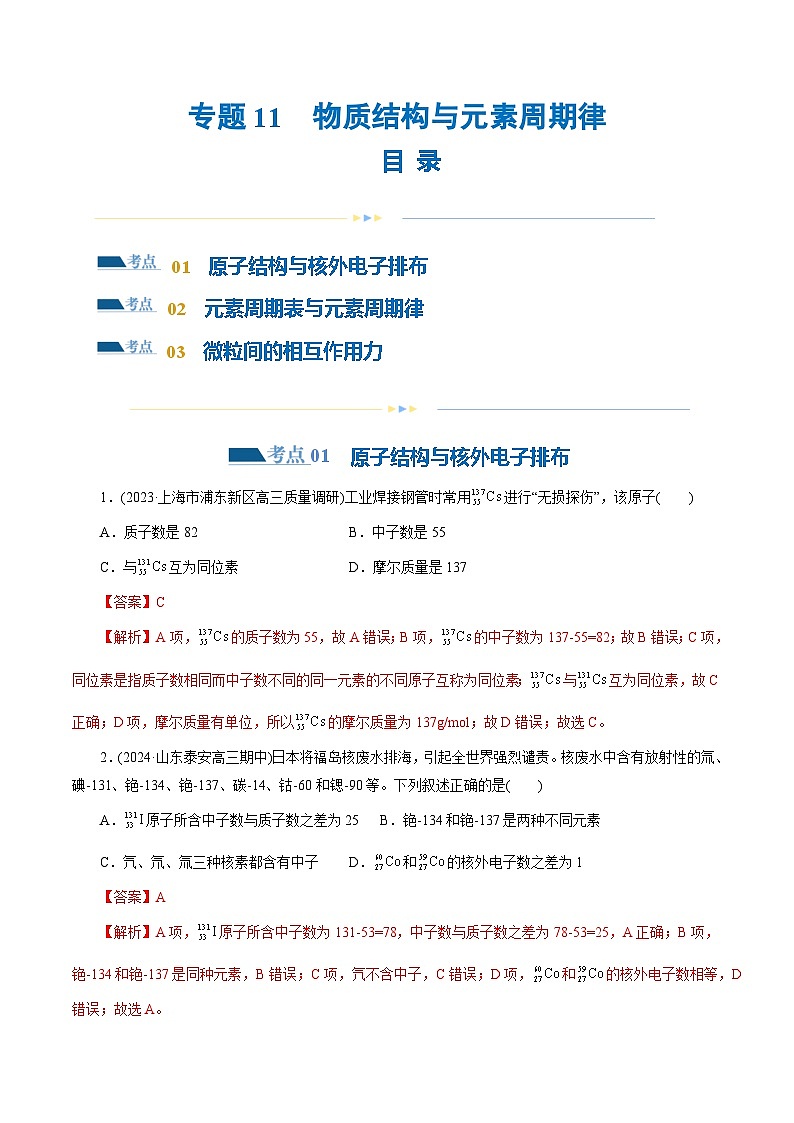 专题11  物质结构与元素周期律(练习)-高考化学二轮复习讲练测（新教材新高考）01