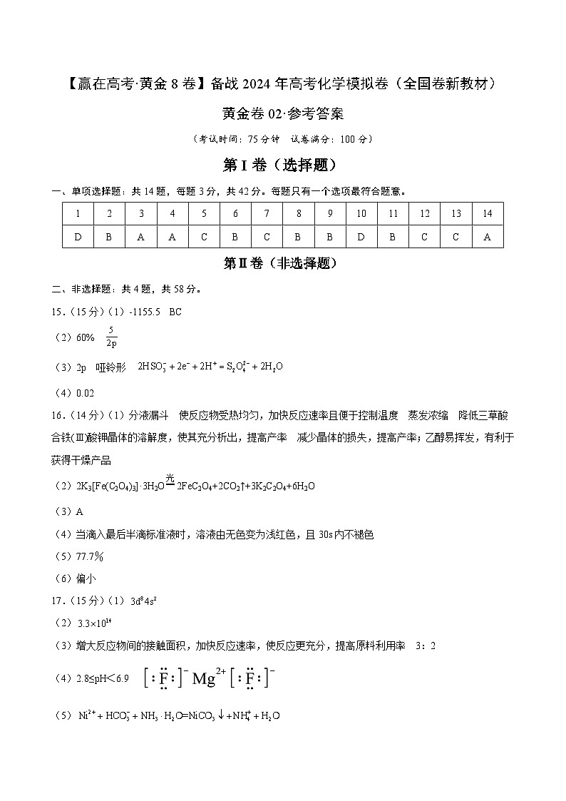 黄金卷02（全国卷新教材）-【赢在高考·黄金8卷】备战2024年高考化学模拟卷（全国卷专用）（参考答案）第1页
