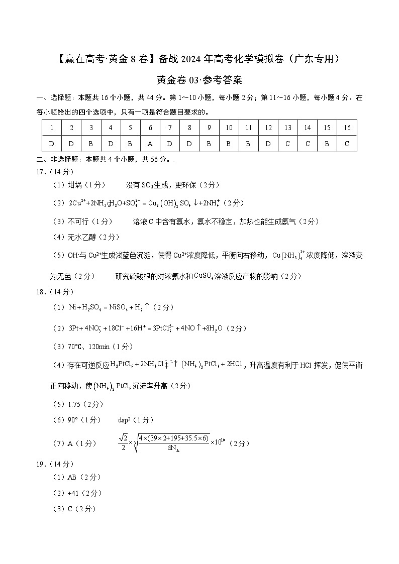 黄金卷03-【赢在高考·黄金8卷】备战2024年高考化学模拟卷（广东专用）（参考答案）第1页