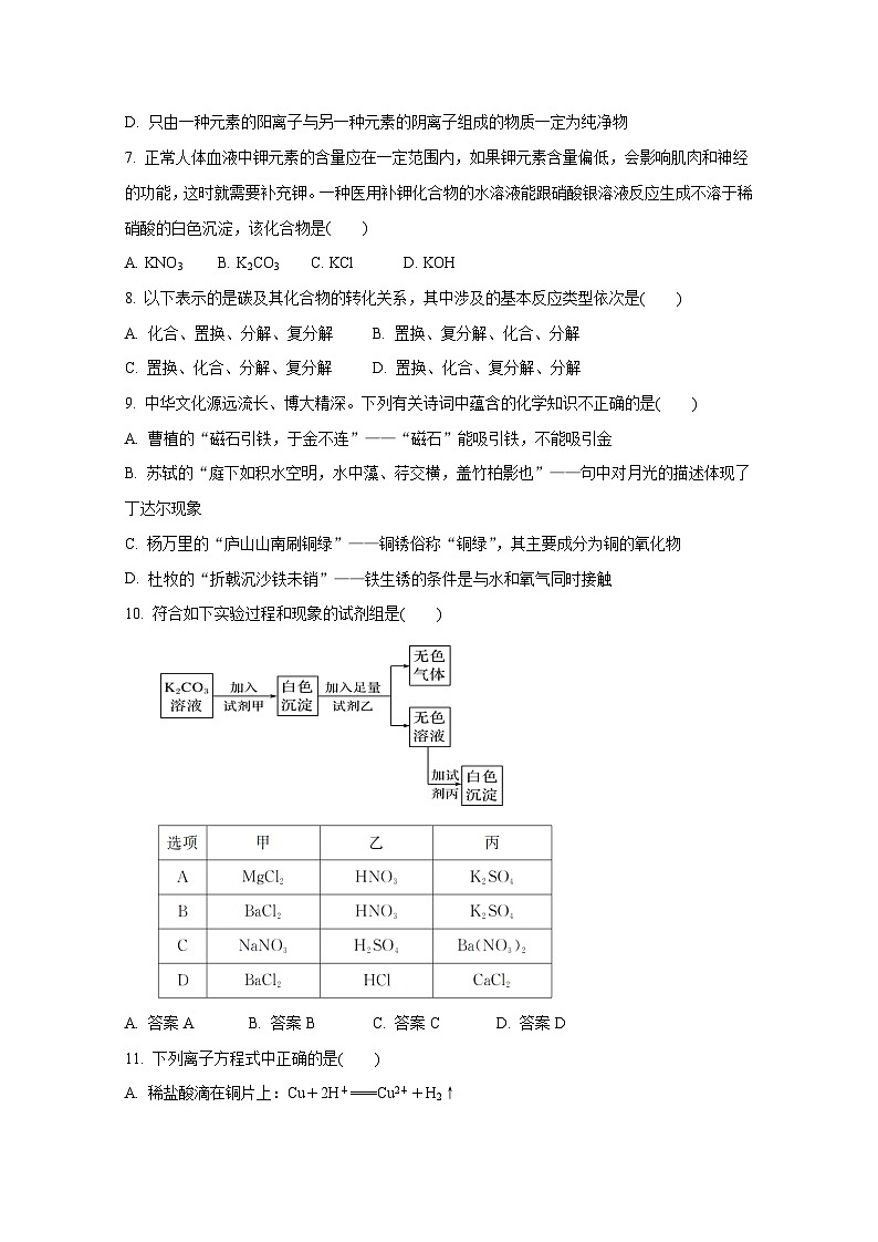 山西省大同市浑源县2023-2024学年高一上学期第一次月考化学模拟试题（附答案）02