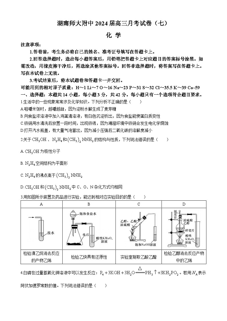 2024湖南师大附中高三下学期月考（七）化学含解析第1页