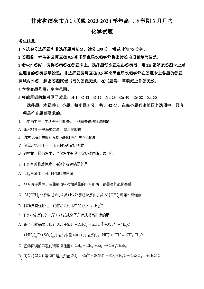 甘肃省酒泉市九师联盟2023-2024学年高三下学期3月月考化学试题（原卷版）第1页