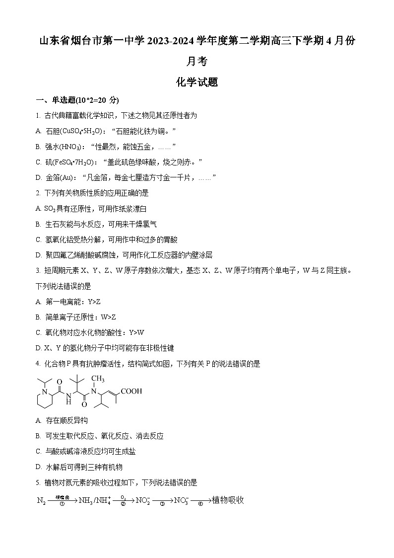 山东省烟台市第一中学2023-2024学年高三下学期4月份月考化学试题（原卷版）第1页