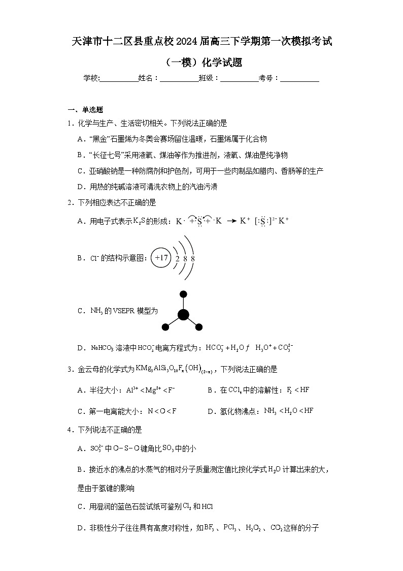 天津市十二区县重点校2024届高三下学期第一次模拟考试（一模）化学试题（含解析）01