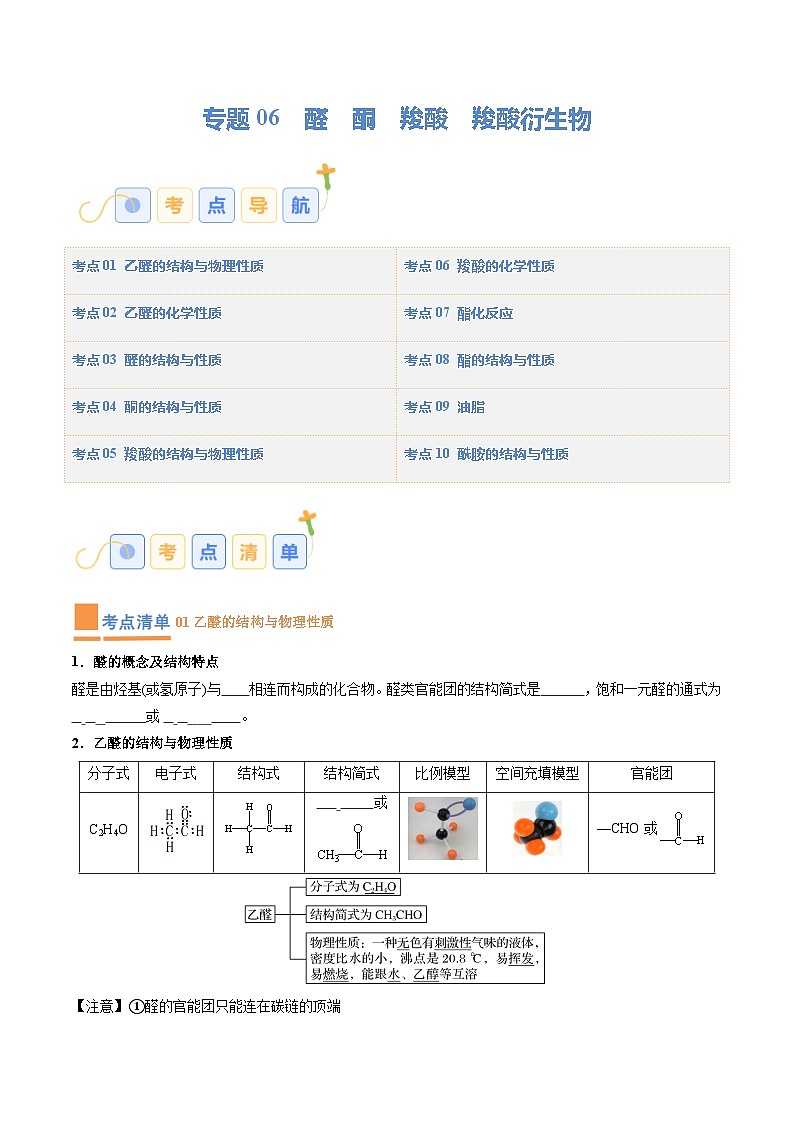 专题06 醛 酮 羧酸 羧酸衍生物（考点清单）（讲 练）（原卷版）第1页