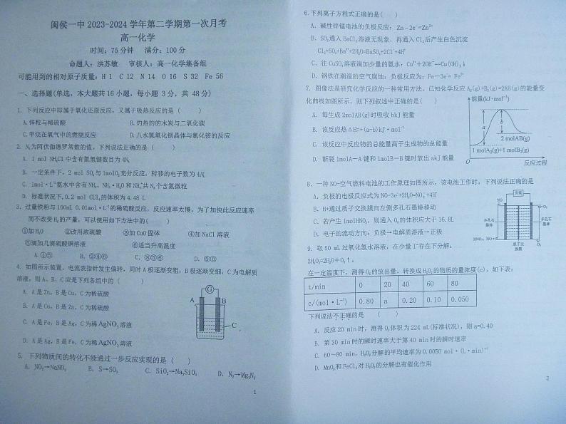福建省福州市闽侯县第一中学2023-2024学年高一下学期3月月考化学试题01