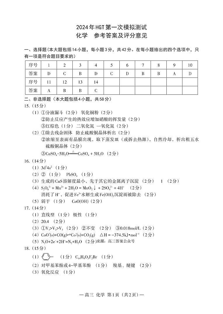 2024年南昌市HGT高三下学期3月第一次化学模拟试题及答案01