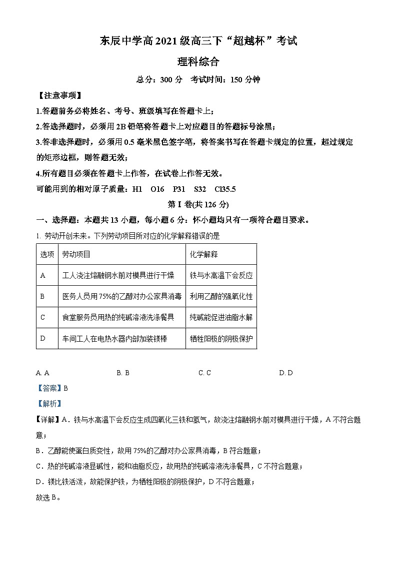四川省绵阳市某中学2024届高三下学期“超越杯”考试化学试题（Word版附解析）01