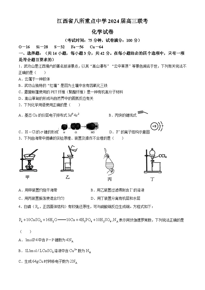 江西省八所重点中学2024届高三下学期4月联考化学试卷（Word版附解析）第1页