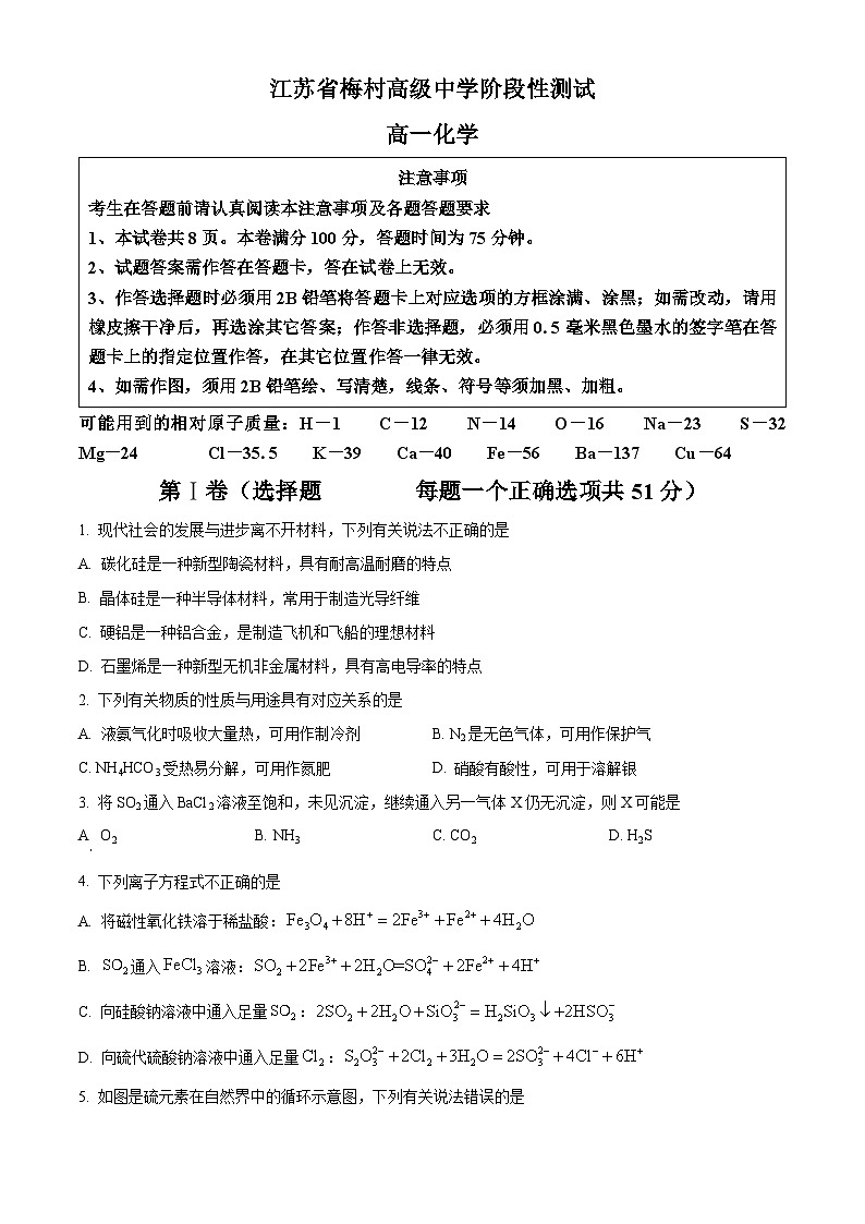 江苏省梅村高级中学2023-2024学年高一下学期3月月考化学试题（原卷版+解析版）01