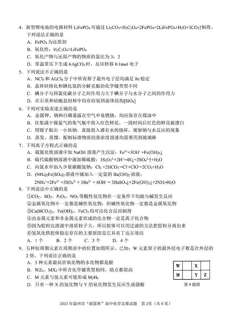 2023年温州市“摇篮杯”高一下学期化学竞赛试卷02