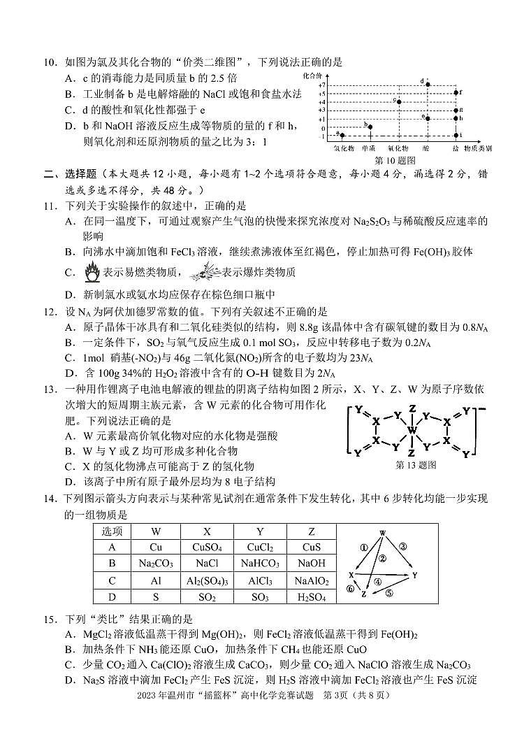 2023年温州市“摇篮杯”高一下学期化学竞赛试卷03