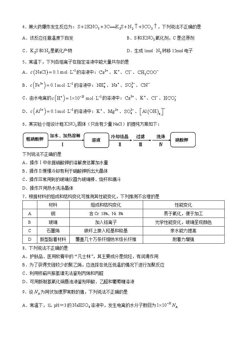 2024台州高三下学期4月二模试题化学含答案02