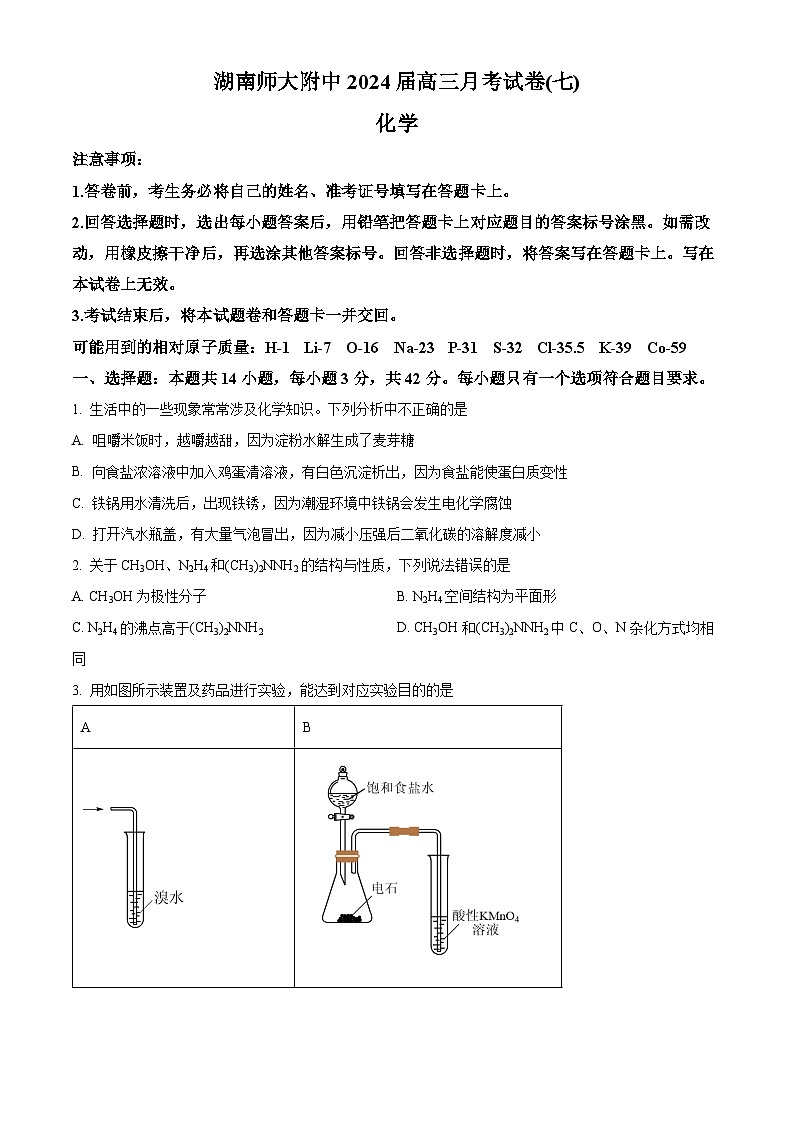 湖南省长沙市师范大学附属中学2023-2024学年高三下学期第七次月考化学试题（解析版）01