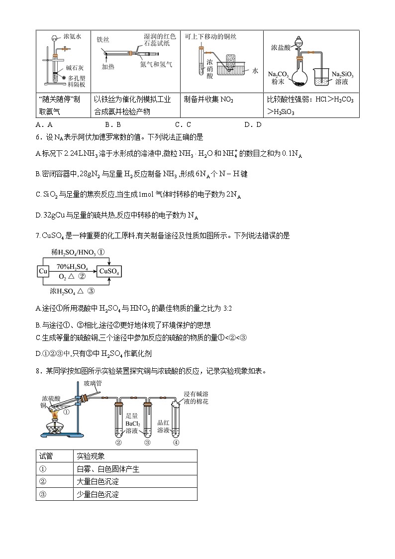 四川省眉山市仁寿实验中学2023-2024学年高一下学期4月期中考试化学试题（含答案）02