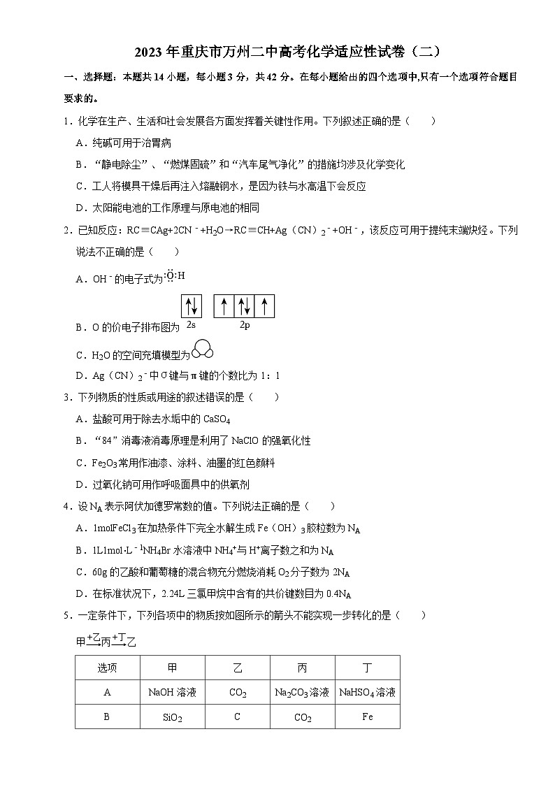 重庆市万州第二高级中学2023-2024学年高三下学期高考化学适应性试卷（二）+01